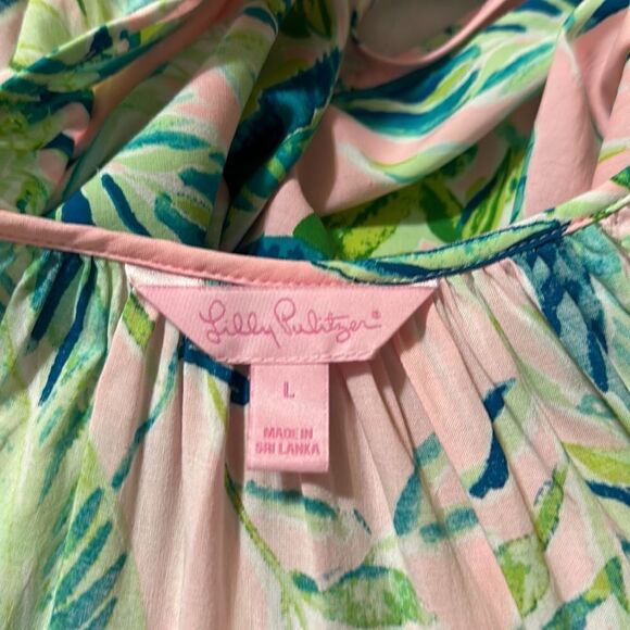 Lilly Pulitzer L Willa Pink Green Tropical Long Flounce Sleeve Front Tie Top - Picture 10 of 12